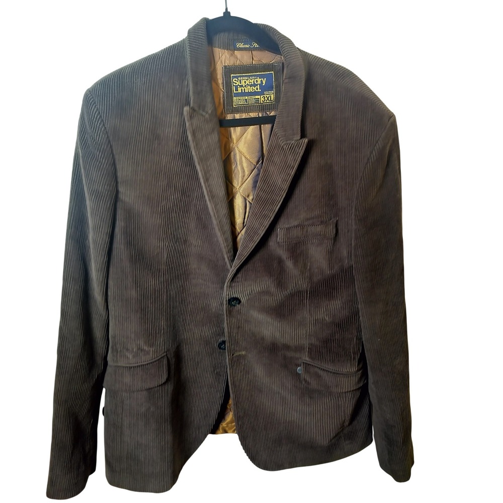 Superdry Limited Mens 3XL Corduroy BlazerJacket Brown Classic Slim QuiltedLining
